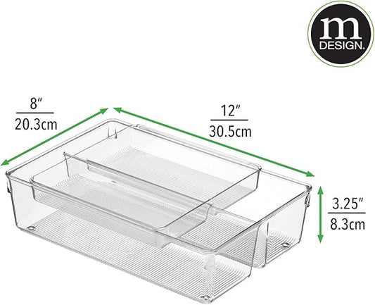 mDesign Plastic Stackable Kitchen Storage Drawer Organizer Bin with 2-Tier Tray for Cabinet, Pantry, Drawer, Refrigerator, Freezer - Hold Utensils, Flatware, Appliances - Ligne Collection - Clear