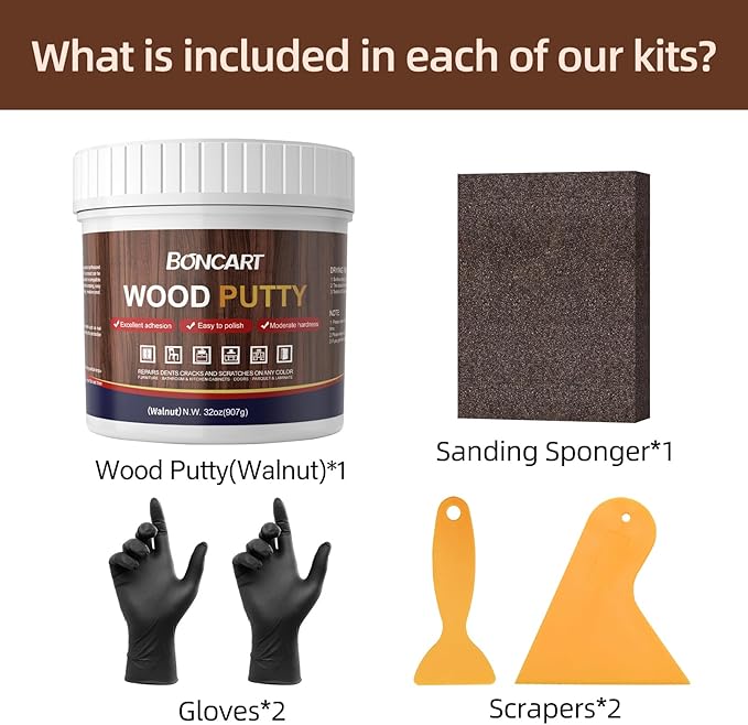 32oz Wood Filler Putty - Walnut Paintable Furniture Repair Kit for Quickly Fixing Broken and Defective Wooden Items, MQNZ-09