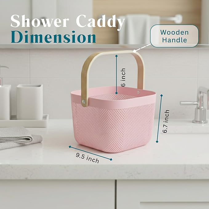 Shower Caddy Portable with Wooden Handle – Plastic Shower Caddy Dorm Basket for Bathroom Storage & Organization, College Essentials (Pastel Pink)