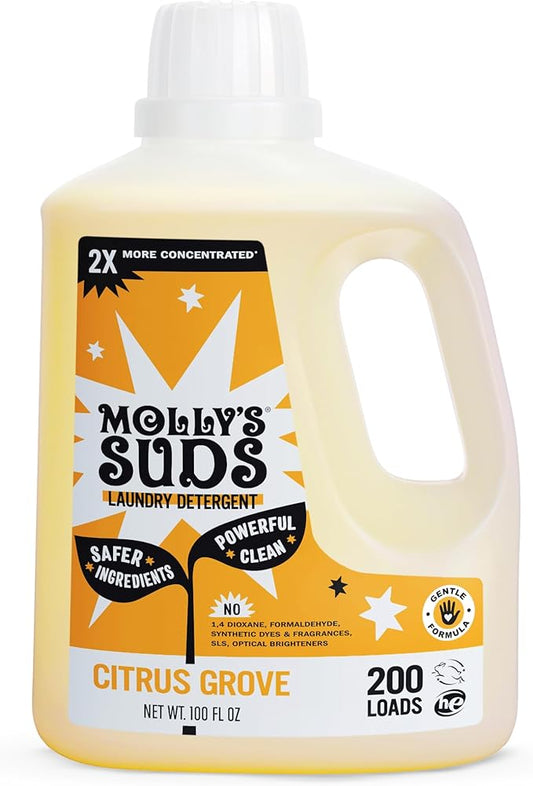 Molly's Suds Liquid Laundry Detergent | Clean Laundry Detergent Soap for Sensitive Skin | 2x Concentrated, High Efficiency (HE) (Citrus Grove - 200 Loads)