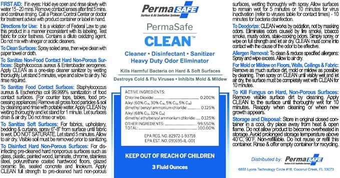 PermaSafe CLEAN 1-Step Disinfectant, Deodorizer & All-Purpose Cleaner; Soft, Hard & Food Surface Sanitizer; Kills 99.9% of Bacteria, Viruses, Molds, and Fungi - Child, Pet, Planet & All Surface Safe