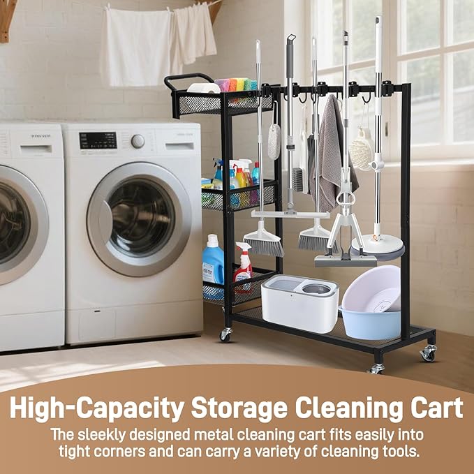 Broom Cart with Cleaning Supplie Organizer,Cleaning Cart with 8 Mop Hanger Gripper Rack Hooks 3-tier Storage Rack and 1 Large Shelf Cleaning Cart Organizer Suitable for Home and Commercial Use