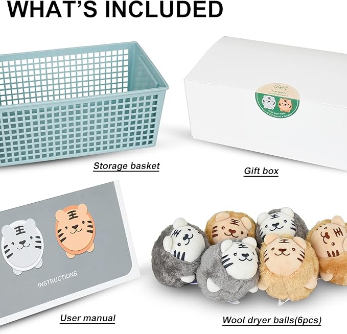 XL Size Wool Dryer Balls 6 Pcs - Over 2000 Loads,Lovely Tiger Appearance-Reusable,Hypoallergenic Baby Safe & Chemical Free to Reduce Sticky Wool When Drying & Shorten Drying Time…