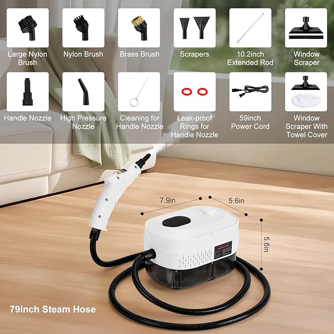 1L Handheld Steam Cleaner for Home and Kitchen Cleaning, 2500W 15s Fast-Heating & 3 Speeds, Portable Steam Cleaner Multi-Surface Deep Cleaning Supplies for Surface, Corner, Crevice (110V, White)