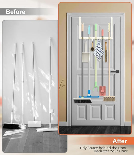 Broom Holder Over The Door Drilling Free Mop and Broom Holder with 4 Over Door Hook, Metal Mop and broom hanger Wall Mount Broom Storage Tool Organizer for Laundry Room Garage Bathroom - light beige