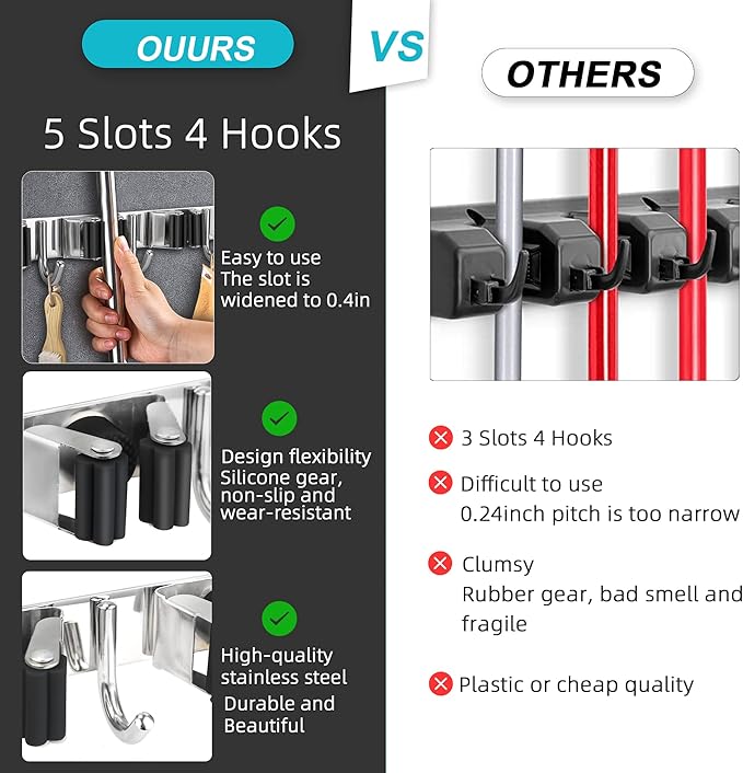 Broom Holder Wall Mount, Broom Organizer Wall Mount Stainless Steel Broom and Mop Hanger Heavy Duty Storage Organization for Home Kitchen Garden Garage Room 3 Racks 4 Hooks Black