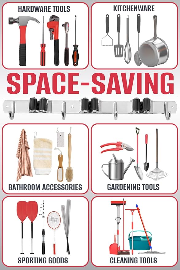 The Good Stuff Compact Mop and Broom Holder Wall Mount – Stainless Steel Organizer with 3 Racks and 2 Hooks – Rust-Resistant, Space-Saving Tool Hanger for Closet, Kitchen, Garage, or RV (Pack of 2)