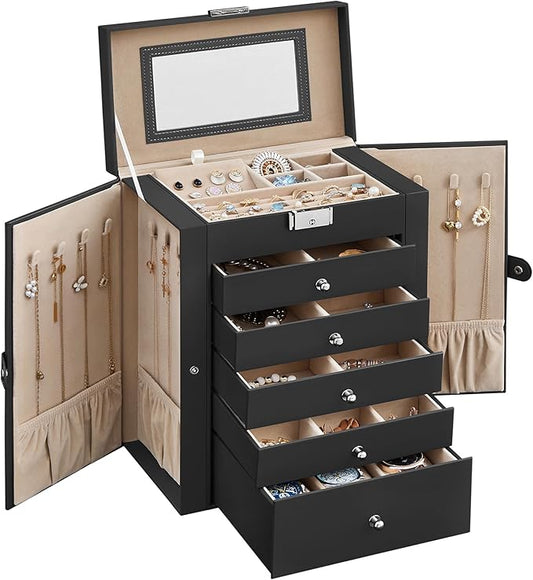 SONGMICS 6-Layer Jewelry Box Organizer with 5 Drawers, Jewelry Storage Case with Lock and Mirror, Large Storage Capacity, Gift for Loved Ones, for Necklaces, Watches, Black UJBC152B01