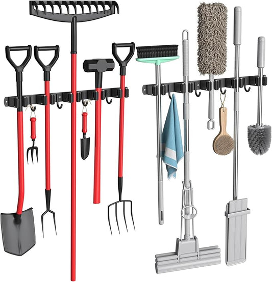 2 Pack Mop and Broom Holder Wall Mount, 5 Racks and 4 Hooks Broom Organizer Storage Garage Tool Racks Wall Mounted Mop Hanger for Home Kitchen Garden Laundry (Black)