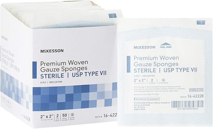 McKesson Premium Woven Gauze Sponges, Sterile, 8-Ply, USP Type VII, 100% Cotton, 2 in x 2 in, 2 per Pack, 1500 Packs, 3000 Total