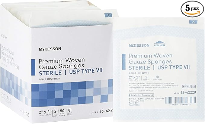McKesson Premium Woven Gauze Sponges, Sterile, 8-Ply, USP Type VII, 100% Cotton, 2 in x 2 in, 2 per Pack, 50 Packs, 100 Total