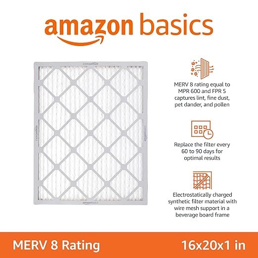 Amazon Basics 16x20x1 Air Filter 6-Pack, MERV 8 AC Furnace Filters, Allergy Control, Removes Dust, Lint and Pollen, Electrostatic (Actual Size: 15.75" x 19.75" x 0.75")