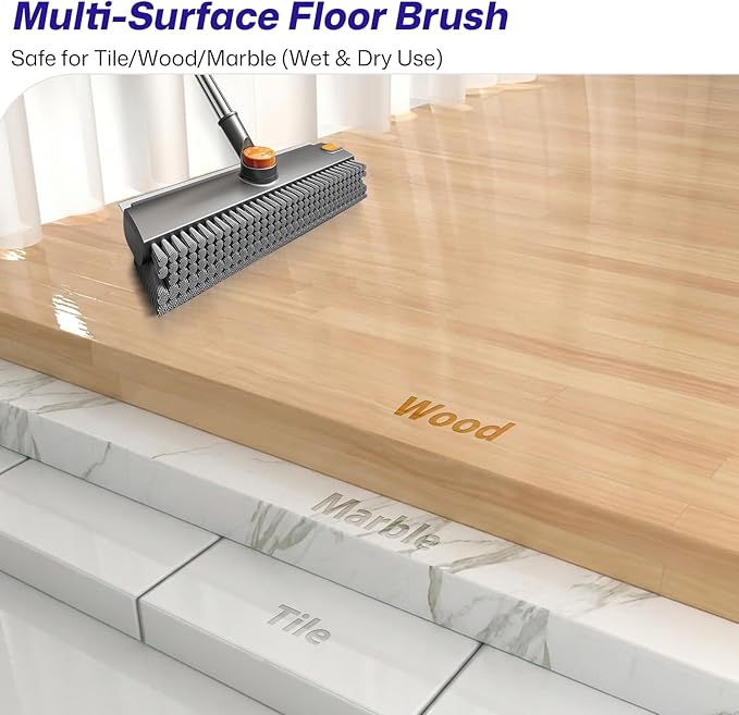 3-in-1 Floor Scrub Brush with Long Handle, Scrape and Heavy-Duty Stiff Bristle Floor Scrubber Brush with Squeegee and Tweezer for Cleaning Tile Wall Deck Bathroom Patio Garage Kitchen