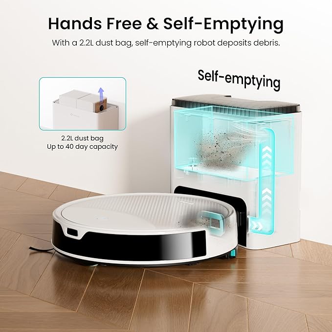 Lefant M350 Robot Vacuum and Mop Combo, 40-Day Self-Emptying, 190° PSD Obstacle Avoidance,6000Pa Suction，Quiet,Smart Navigation,Self-Charging, for Hard Floor, Carpet, Pet Hair,150 Min Runtime.White