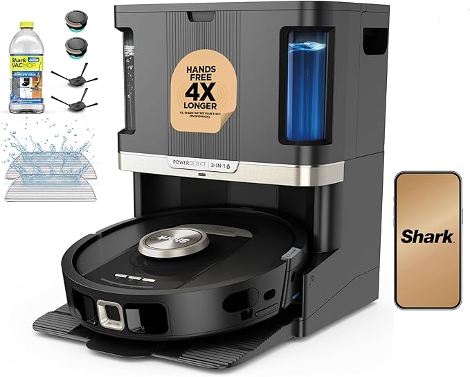 Shark Robot Vacuum & Mop Combo, PowerDetect NeverTouch Pro, Self-Emptying, Self-Refill with Self-Clean Pad Wash & Dry, 60-Day Debris Capacity, 30-Day Refill Tank, 5 Technologies, Black, AV2810ZEBK