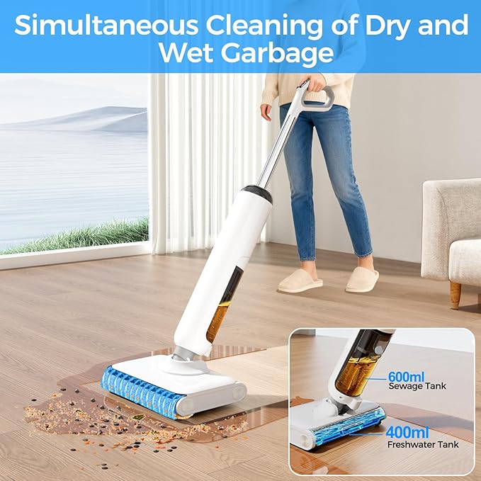 Wet Dry Vacuum Cleaner, 180° Lay-Flat Cordless Vacuum Mop Combo with Edge Cleaning, All-in-One Floor Cleaner for Hard Floors, 45mins Runtime, Full-Path Self-Cleaning&185℉ Flashdry