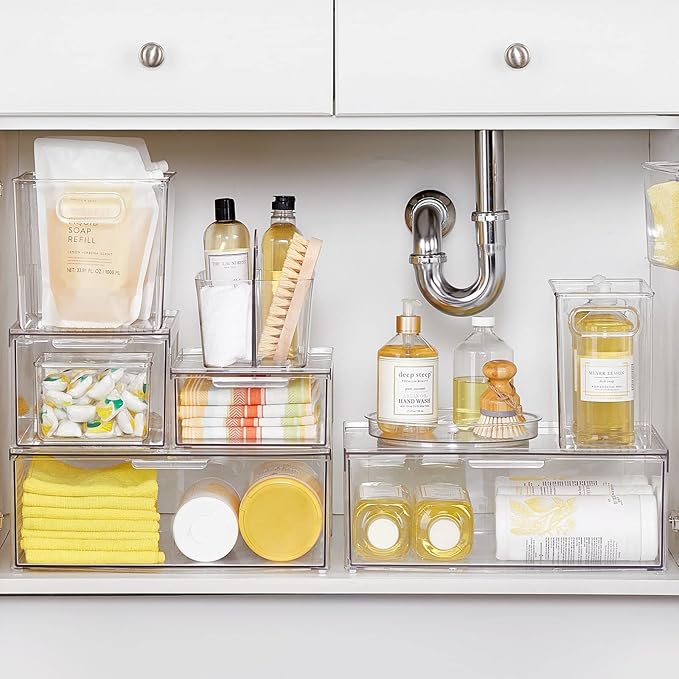 mDesign Plastic Modern Kitchen, Pantry Food Storage Container Bin w/ Handles - Cabinet, Fridge/Freezer, Countertop Organizer - Snacks/Drink/Appliances; Ligne Collection, Clear, 12x6x7.75 (Pack of 1)