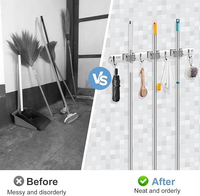 Mop and Broom Holder Wall Mounted, 3 Racks and 4 Hooks Broom, Upgraded Stainless Steel Broom Holder Self Adhesive, Broom Organizer, Tools Organizer for Home Kitchen bathroom Garden balcony