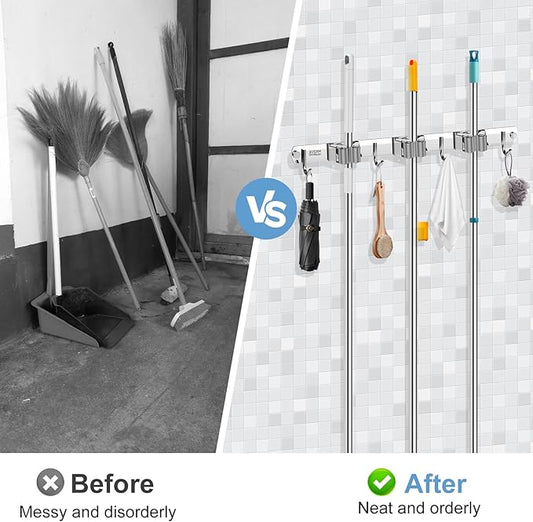 Mop and Broom Holder Wall Mounted, 3 Racks and 4 Hooks Broom, Upgraded Stainless Steel Broom Holder Self Adhesive, Broom Organizer, Tools Organizer for Home Kitchen bathroom Garden balcony