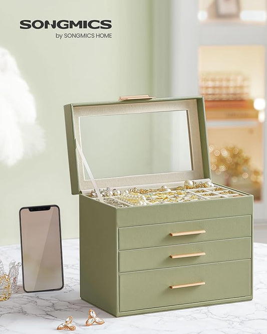 SONGMICS GISELLA Collection - Jewelry Box Organizer, 4-Layer Jewelry Storage with 3 Drawers, Shiny Metal Hardware, Glass Lid, Modern, 6 x 9.9 x 8.5 Inches, Laurel Green and Gold Color UJBC161C02