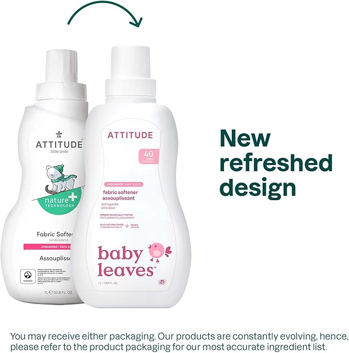 ATTITUDE Baby Fabric Softener, Plant and Mineral-Based Ingredients, HE Compatible, Vegan and Cruelty-free Laundry and Household Products, Unscented, 40 Loads, 33.8 Fl Oz