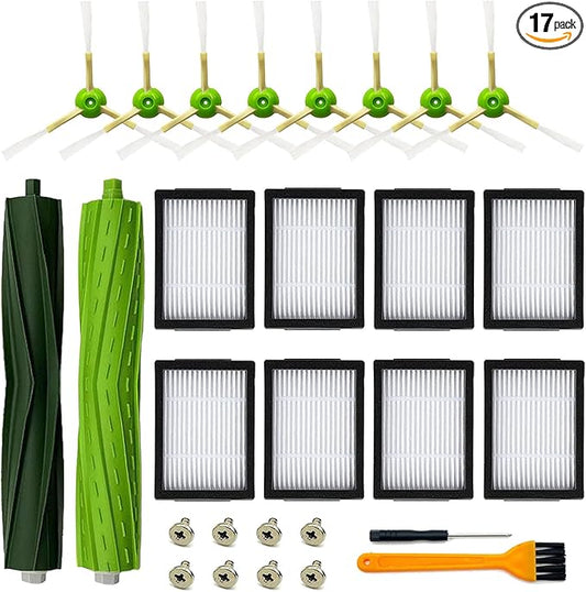Replacement Parts Compatible for iRobot Roomba i3 i3+ i5 i5+ j5 j5+ i4 i4+ i6 i6+ i7 i7+ i8 i8+J7 /Plus E5 E6 E7 I,E &J Series Vacuum Cleaner, 1 Set Rubber Brush,8 Filters,8 Side Brushes