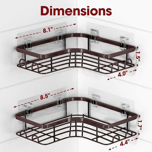 Corner Shower Caddy - 2 Pack, Adhesive Shower Organizers, Rustproof Stainless Steel Shower Shelves with 8 Hooks, No Drilling Bathroom Organizers and Storage Racks, Space-Saving, Brown, Medium