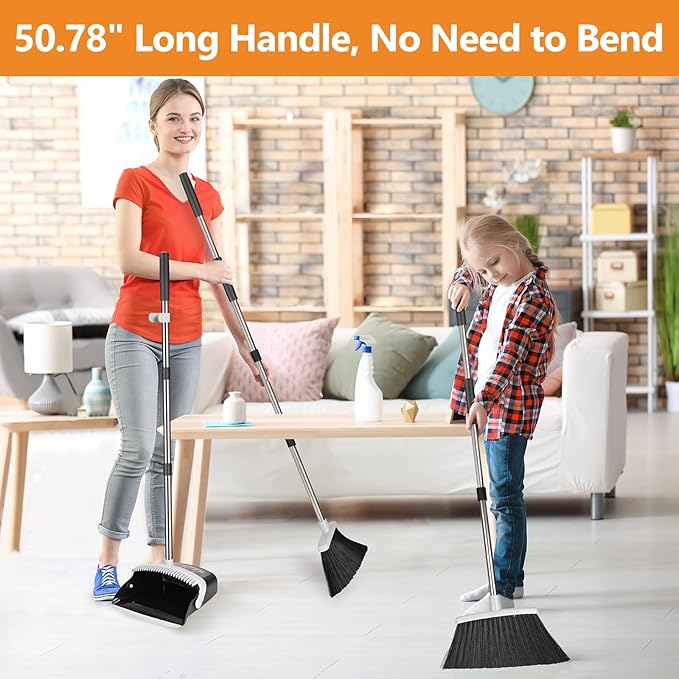 Broom and Dustpan Set, Heavy Duty Dust Pan with Long Handle 51 Inch Broom with Dustpan Combo Set Upright Self-Cleaning Dust Pan Home Kitchen Lobby Indoor Outdoor Sweeping Cleaning Tool - Gray