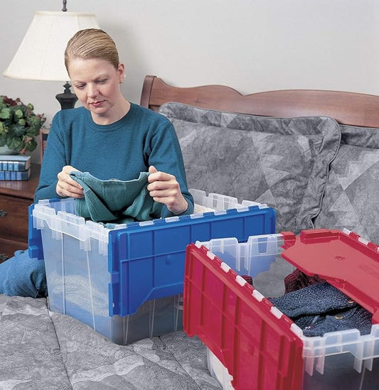 Akro-Mils KeepBox 12 Gallon Storage Container, Nesting and Stackable Plastic Storage Box with Lid Attached, Clear Tote for Garages, Closets, and Moving, 21-1/2" x 15" x 12-1/2", Clear/Red, 6-Pack