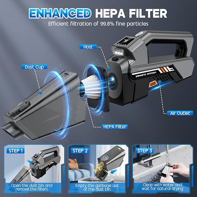 Handheld Vacuum Cordless, 16KPA Powerful Suction Hand Held Vacuum Cleaner Dust Busters Cordless Rechargeable, HD Display & 3 LED Lights, Portable Vacuum for Car, Home, Pet Hair