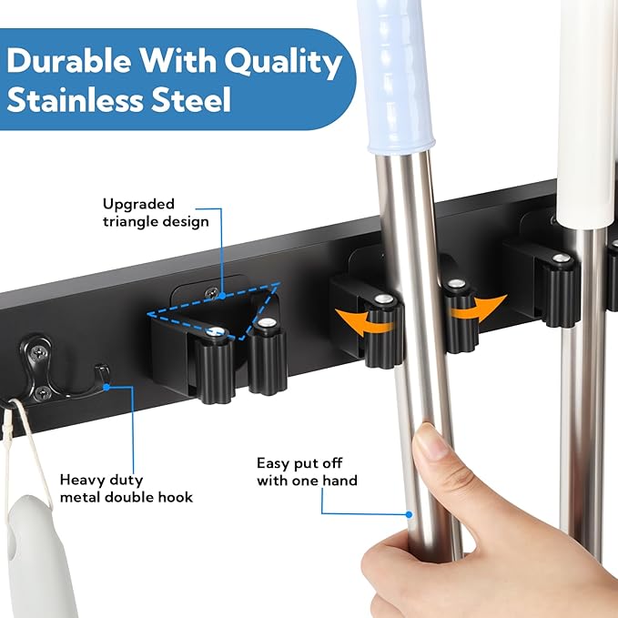 2 Pack Broom Holder Door Mount Black Broom Closet with 2 Over Door Hooks Over the Door Broom and Mop Holder Broom and Mop Organizer Wall Hanging with 4 Racks and 4 Hooks for Laundry Garage Closet Home