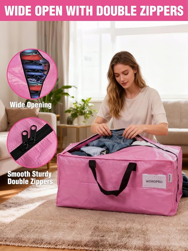 WORKPRO 1 Pack Extra Large Moving Bags with Zippers & Carrying Handles Backpack Straps, Heavy-Duty Storage Tote for Space Saving Moving Storage (Pink)