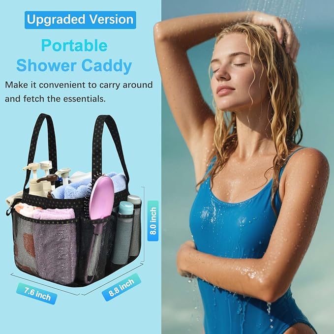 Haundry Mesh Shower Caddy Basket, Large College Dorm Bathroom Caddy Organizer with Key Hook and Oxford Handles, 8 Pockets, Hanging Portable Tote Bag for Camp Gym