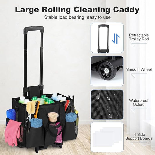 Housolution Rolling Cleaning Caddy Bag with Detachable Trolley, Professional Portable Large Cleaning Bag with Wheels, Wearable Cleaning Supply Bag on Wheels for Housekeepers, Black