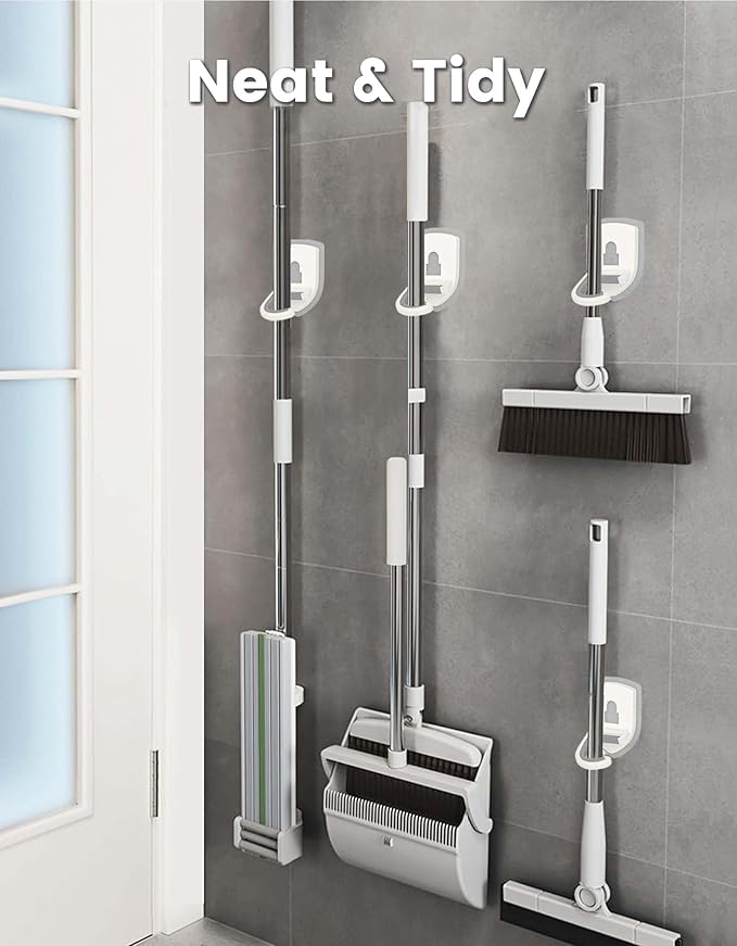 Broom Holder Wall Mount Self Adhesive, Broom and Mop Organizer Wall Hanging, No Drilling Anti-Slip Broom Hook Over Door for Home, Kitchen, Garden, Garage Storage 4-Pack