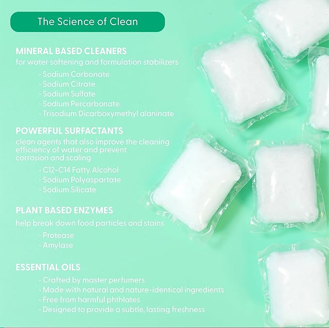 Natural Dishwasher Detergent Pods| Free and Clear (Unscented) Dish Tabs, Eco-Friendly Plant Based Enzymes | Leaves Dishes Sparkling, 60 Count