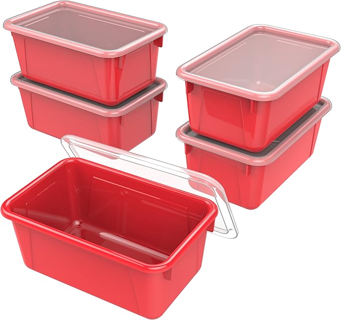 Storex Small Cubby Bins – Plastic Storage Containers for Classroom with Non-Snap Lid, 12.2 x 7.8 x 5.1 inches, Red, (62407U05C) (Pack of 5)