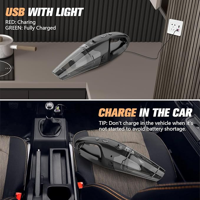 Hand Vacuum Powerful Suction, Hand held Vacuum Cordless Rechargeable with LED, USB Charge, 1.65LBs Car Vacuum with HEPA Filter, for Car/Home/Pet
