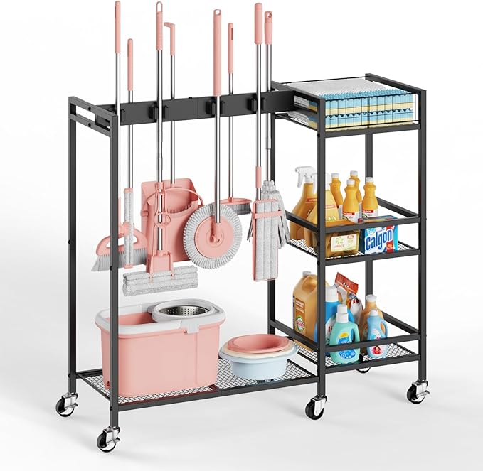 Broom and Mop Holder, Broom Closet Storage Cabinet with Cleaning Supplies Organizer, 2-in-1 Broom Mop and Cleaning Supplies Storage Cleaning Cart, Cleaning Cart with Wheels for Housekeeping