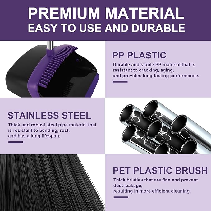 Large Broom and Dustpan Set, Purple Broom with Dustpan Combo Set, 55" Long Handle Broom, Self Cleaning Dustpan, Ideal for Home and Dog Cat Pets