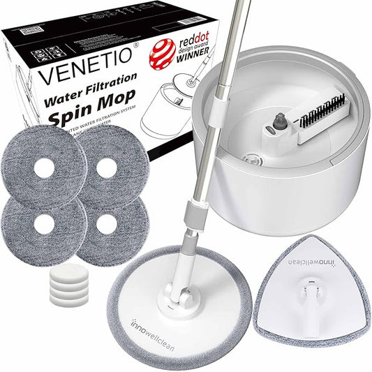 VENETIO Innowellclean Spin Mop and Bucket Set with Water Filtration System | Self-Cleaning, Dry/Wet 3-in-1 Microfiber Mop for Floor Cleaning, Home, Kitchen Hardwood, Laminate (5 Pads & Triangle Head)