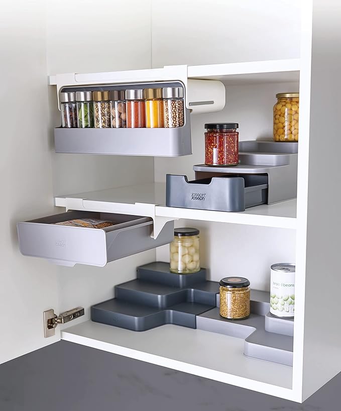 Joseph Joseph CupboardStore Under Shelf Drawer Kitchen Cabinet Storage Organizer, Space Saving, Gray/ White