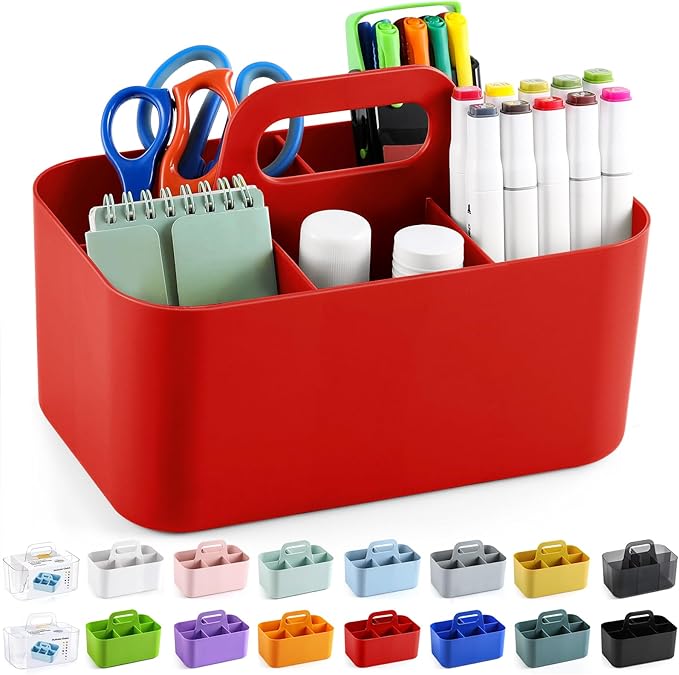 Multiuse Caddy Organizer with Handle - Stackable Plastic Tote Bin - Art Craft Supplies, Office, Desk, Stationery Pen Holder, Kitchen, Utensil, Makeup, Bathroom, Shower, Cleaning, Dorm Organizer - Red