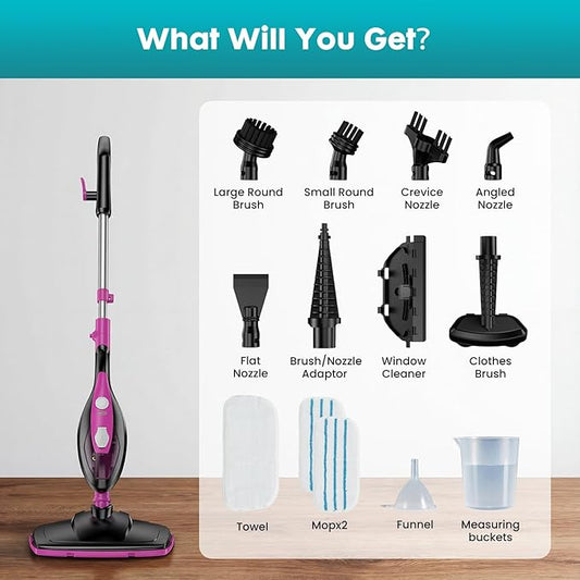 OLIXIS 10-in-1 Steam Mop, 1550W Detachable Handheld Steam Cleaner for Floor Cleaning, 16.4FT Cord, 2 Washable Pads, Multi-Purpose Floor Steamer for Hardwood, Carpet, Tile, Grout, Windows, Black Pink
