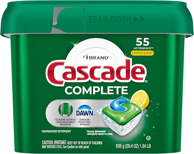 Cascade Complete Dishwasher Pods, Dishwasher Detergent, Dish Detergent Soap, Lemon, 55 Count