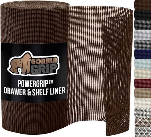 GORILLA GRIP powerGRIP Drawer Shelf and Cabinet Liner, Thick Strong Hold, Non-Adhesive Liners Protect Kitchen Cabinets and Cupboard, Bathroom Drawers, Easy Install, Breathable Mat, 12" x30', Chocolate