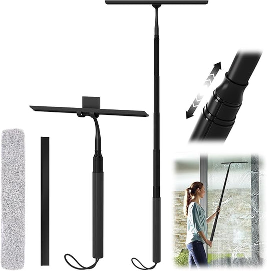 Shower Squeegee with Long Handle, 15-51" Telescopic Squeegee for Window Cleaning, Window Squeegee for Glass Doors, Extendable Window Cleaner Tool for Tile Walls, Sliding Door, Floor, Car Windshield-BK