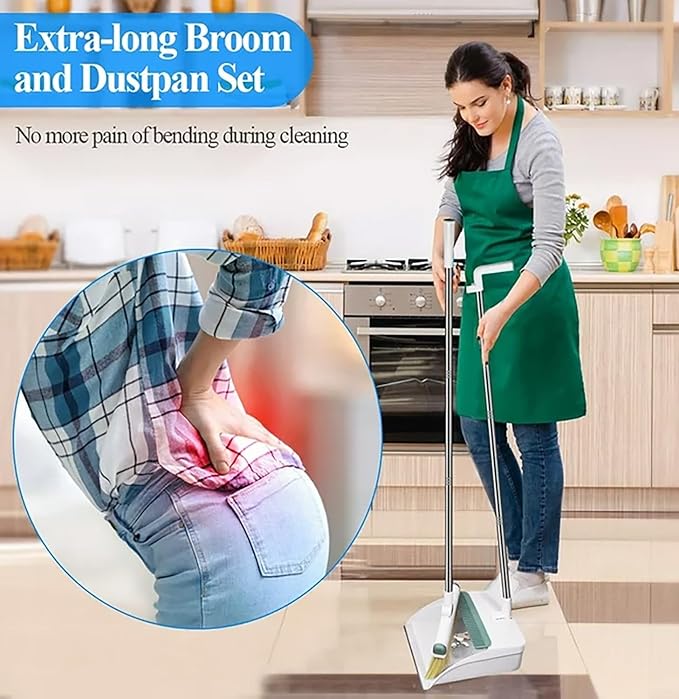 Broom and Dustpan Set 50" Long Handle Foldable Stand Up Broom and Dustpan with Comb Teeth for Indoor & Outdoor Sweeping Home Dog Cat Pets (White)