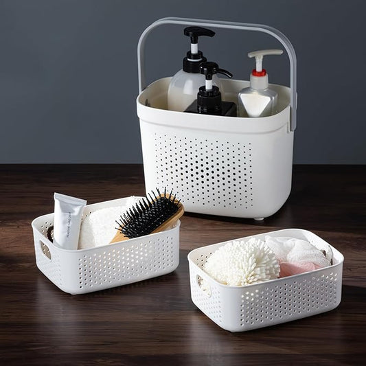 LivLab Mker Portable Shower Caddy, Cleaning Supply Organizer with Handle, College Dorm Room Essentials, Camping Tote Basket - Bathroom Storage, Under Sink Organizer, White Grey
