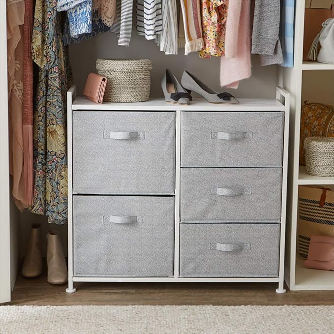 Amazon Basics Bedroom Closet Organizer with 5-Fabric Storage Drawers for Clothes Storage, White